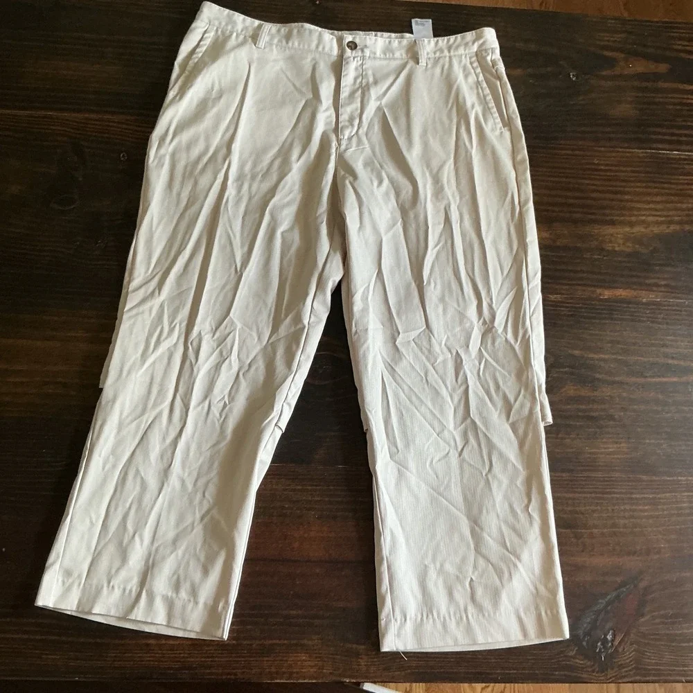 Adidas ClimaCool Mens Golf Pants 40x28 Beige Tan 3-Stripe Straight Leg Polyester